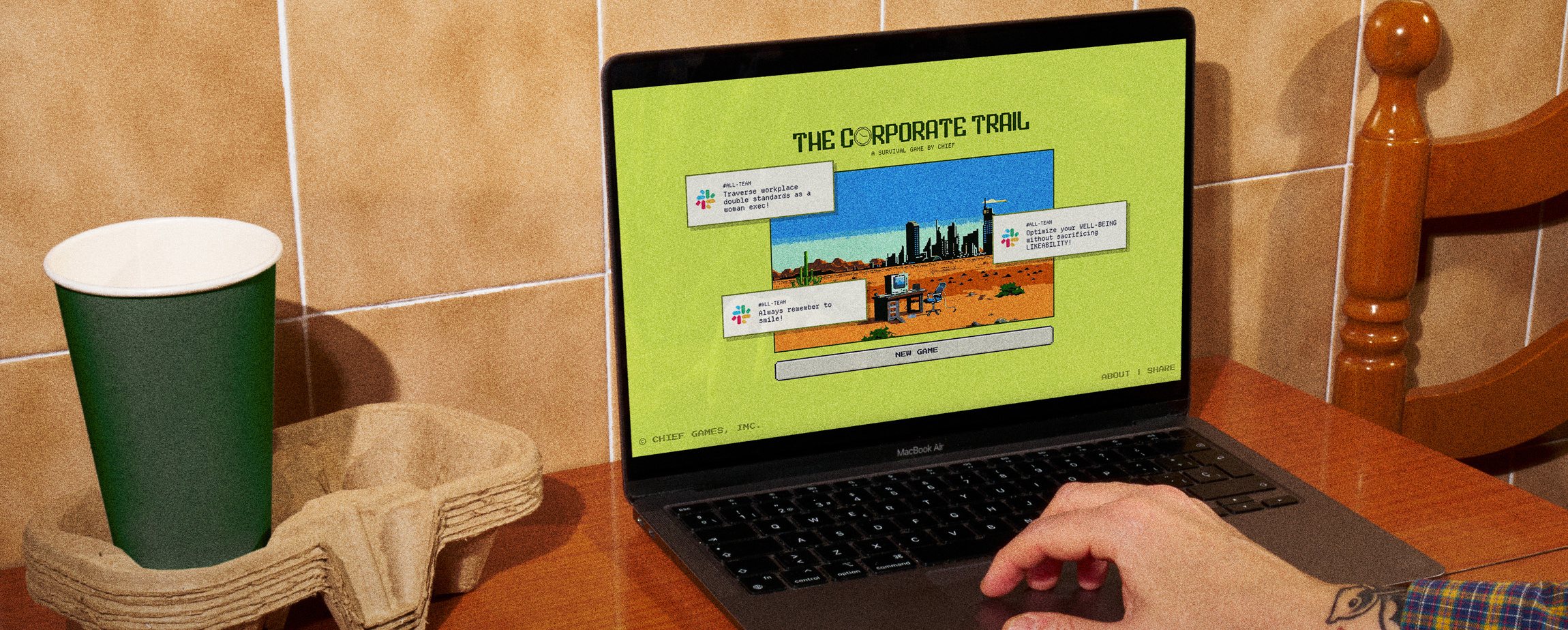 The Corporate Trail, an interactive stunt game built for The Chief Network, shown on a laptop
