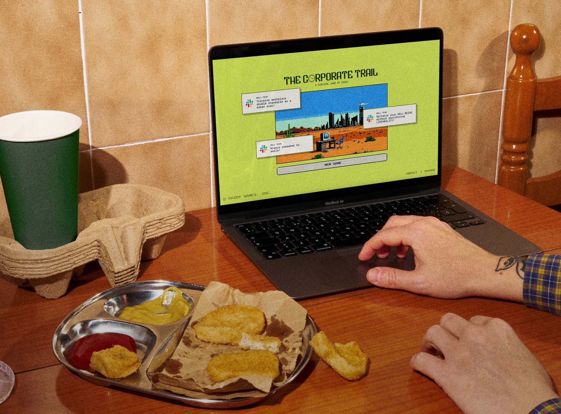 The Corporate Trail, an interactive stunt game built for The Chief Network, shown on a laptop